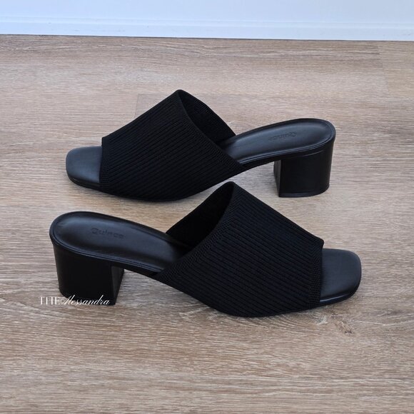Quince Italian Leather & Eco Knit Heeled Mule Black Size 8 New Without Box - Picture 11 of 14